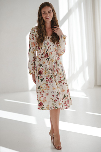 Lovely Dress Midi Milk&Love kremowa w kwiaty– sukienka ciążowa i do karmienia z lnem, elegancki krój z zamkami do karmienia