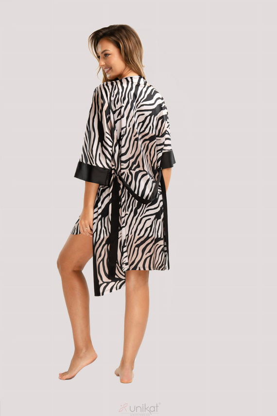 Braga Szlafrok satynowy Unikat – zebra, elegancki, z paskiem