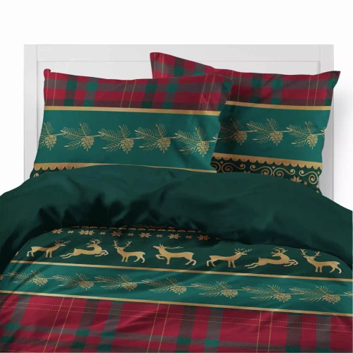 5620 A Magia Świąt Pościel flanelowa świąteczna Detexpol zielona z reniferami i kratą– bawełna 100%, 160 g/m², zamek, OEKO-TEX®