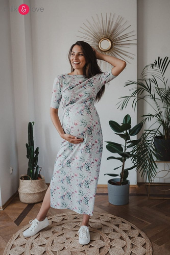 Sukienka do karmienia Two Ways LONG krótki rękaw Milk&Love miętowa w magnolie i ptaki