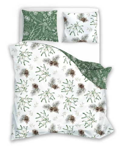 Scandic 083 Pościel świąteczna Scandic Faro biała i zielona z szyszkami- dwustronna bawełna 100%, zamek