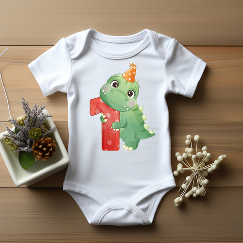 "ROCZEK dla chłopca, dinozaur jedynka" Moocha Body krótki rękaw biały 