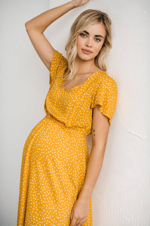 Lovely Dress Midi Milk&Love sukienka ciążowa i do karmienia musztardowy w groszki