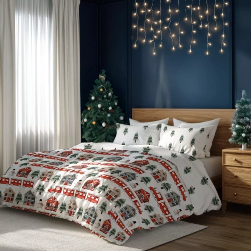 Scandic 075 Pościel świąteczna Scandic Faro biała z motywem świątecznych domków– dwustronna bawełna 100%, zamek