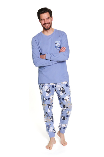 7347 Piżama męska Doctor Nap – 100% bawełna, niebieska z nadrukiem - sheep