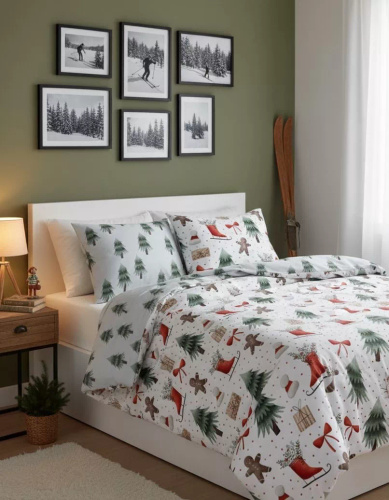 Scandic 078 Pościel świąteczna Scandic Faro biała z choinkami, pierniczkami– dwustronna bawełna 100%, zamek