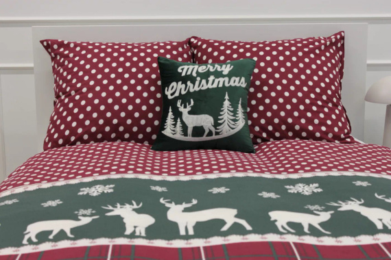Xmass Pościel świąteczna bawełniana Spod Igły i Nitki – renifery kratka groszki czerwona zielona, komplet z zamkiem, 100% bawełna