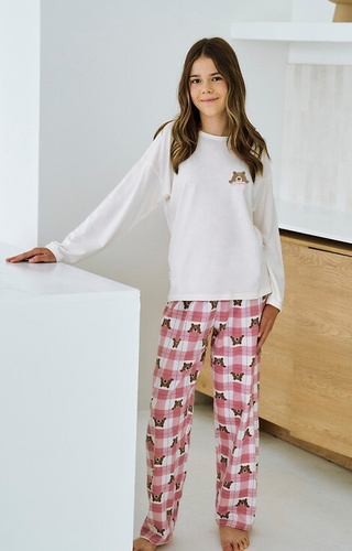 3503 Astrid Piżama dziewczęca Taro beżowa – bawełna, nadruk, spodnie w kratkę