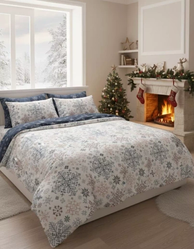 Scandic 077 Pościel świąteczna Scandic Faro biała i granatowa w śnieżynki– dwustronna bawełna 100%, zamek