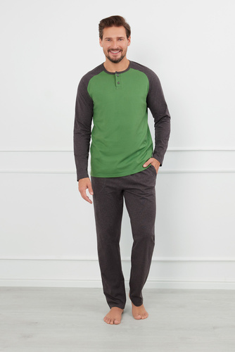 Aleksander Piżama Męska długi rękaw, długie spodnie Italian Fashion - zielony/c.melanż 