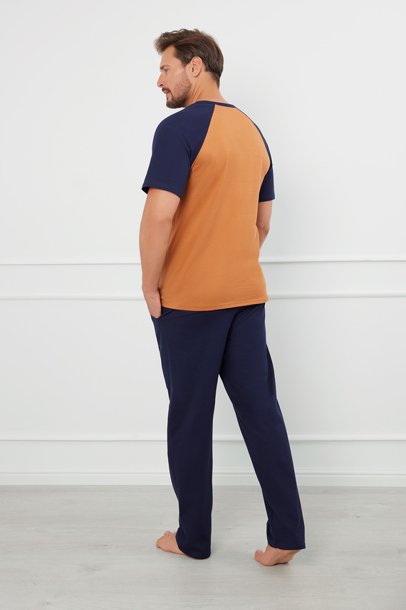 Aleksander Piżama Męska krótki rękaw, długie spodnie Italian Fashion - koniak/granat