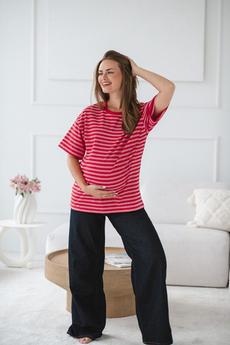 Mamahood T-shirt ciążowy i do karmienia Milk&Love czerwono-różowe paski– wygodny i stylowy
