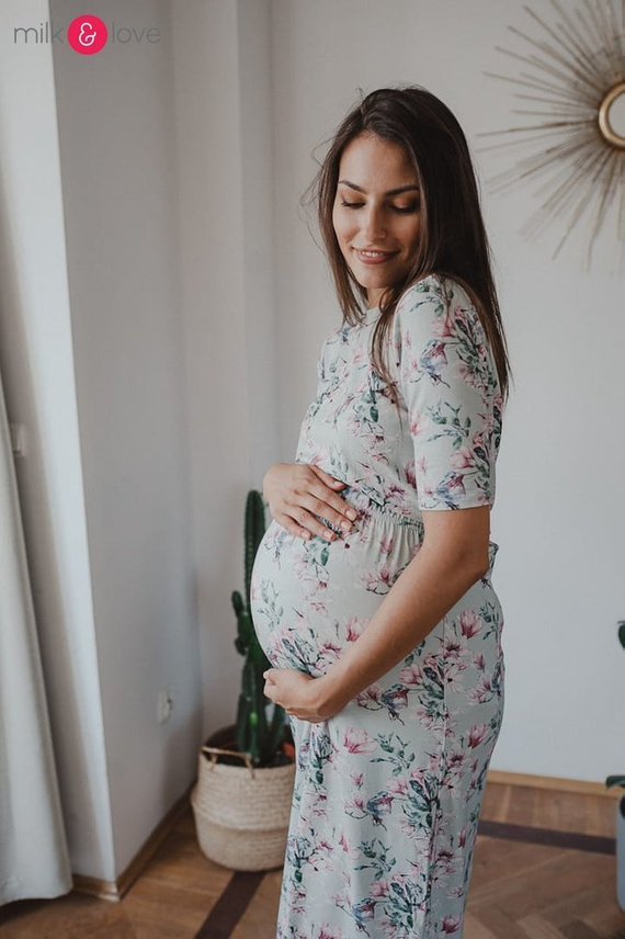 Sukienka do karmienia Two Ways LONG krótki rękaw Milk&Love miętowa w magnolie i ptaki