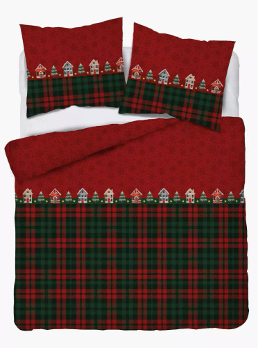 5619 B Magia Świąt Pościel flanelowa świąteczna Detexpol czerwona w domki i kratę– bawełna 100%, 160 g/m², zamek, OEKO-TEX®