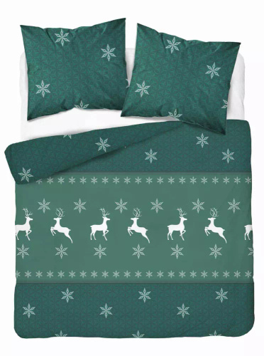 5621 B Magia Świąt Pościel flanelowa świąteczna Detexpol zielona w renifery i śnieżynki– bawełna 100%, 160 g/m², zamek, OEKO-TEX®