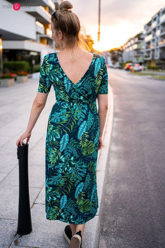 Sukienka do karmienia Two Ways LONG krótki rękaw Milk&Love miętowa w magnolie i ptaki