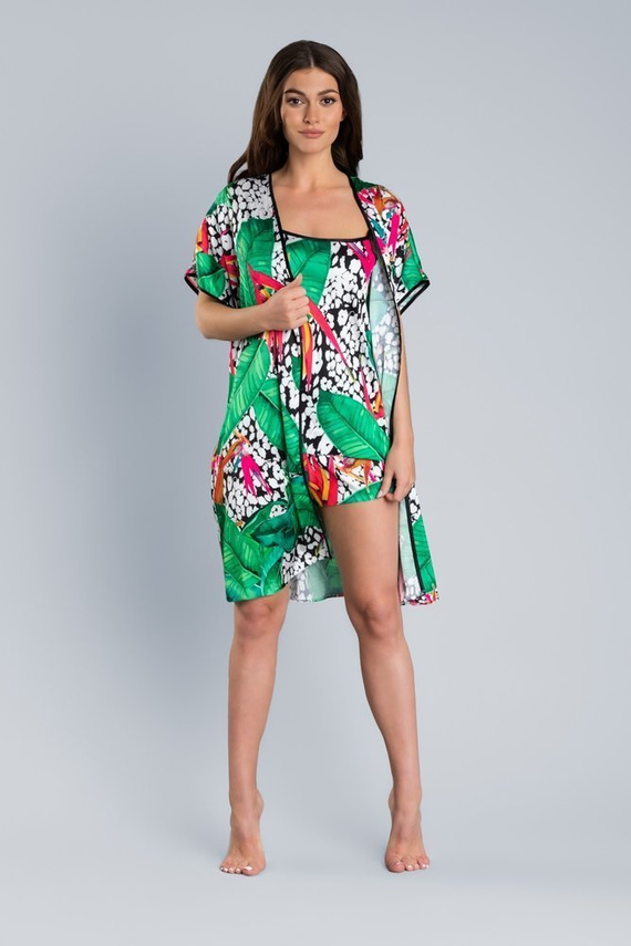 DORITA Szlafrok Damski Satynowy Italian Fashion- druk/zielony