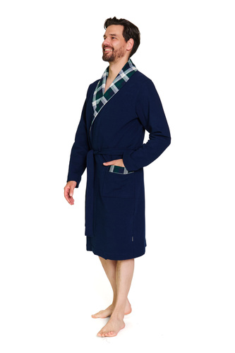 7366 Doctor Nap | Szlafrok męski premium granatowy z wykończeniem w kratę – 100% bawełna - navy blue