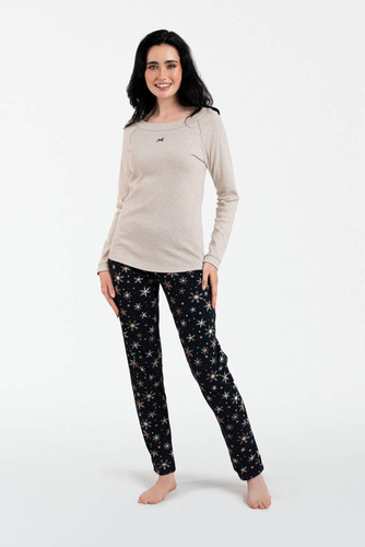 Denali Piżama Damska długi rękaw, długie spodnie Italian Fashion- beżowy melanż/druk