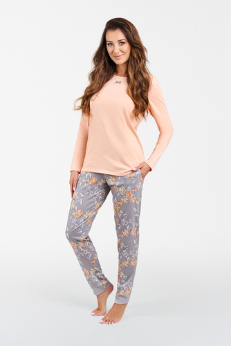 Kasali Piżama Damska długi rękaw i spodnie Italian Fashion - łosoś/druk 
