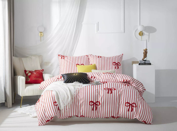 Xmass Bow Pościel mikrosatynowa świąteczna biała czerwona kokardy I25 Spod Igły i Nitki – miękka, gładka i trwała