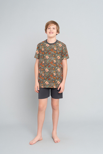Piżama chłopięca krótki rękaw, spodnie Italian Fashion Western - oliwkowy/grafit