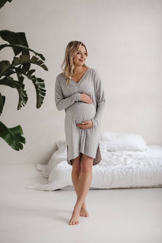 Moon bambusowa koszula nocna ciążowa i do karmienia długi rękaw Milk&Love jasny szary