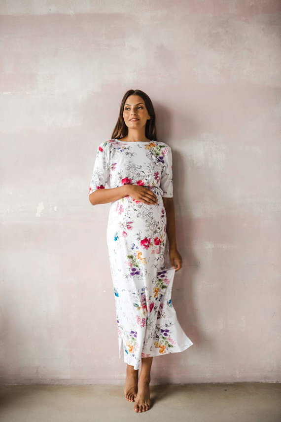 Sukienka do karmienia Two Ways LONG krótki rękaw Milk&Love biała w kolorowe kwiaty