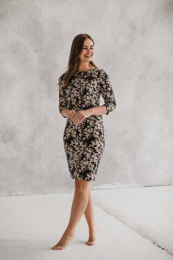 Milky Classic Sukienka do karmienia Milk&Love rękaw 3/4 czarna w kwiatuszki