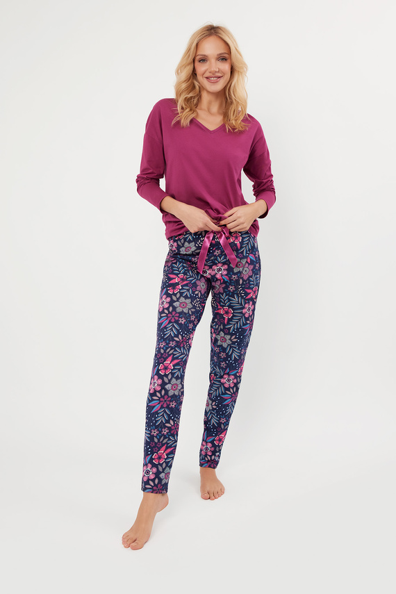 Folk Piżama Damska długi rękaw, długie spodnie Italian Fashion - jeżyna/druk