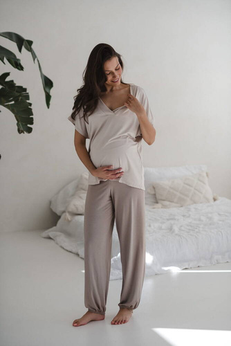 Moon bambusowa bluzka od piżamy ciążowej do karmienia krótki rękaw Milk&Love jasny beżowy