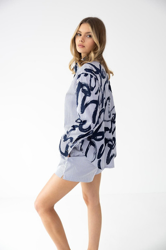 Piżama damska Hallie granatowo-biała bawełniana w paski guziki długi rękaw komfort