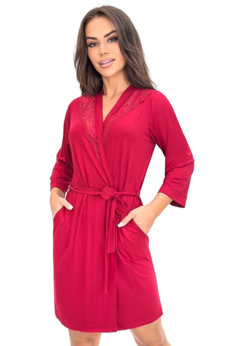 Szlafrok damski Sonia Donna burgundowy z koronką , wiskoza,rękaw 7/8 ,wiązany
