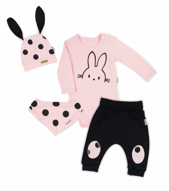 Komplet 163381 "Bunny Groszki" czapka, apaszka, body i spodnie Nicol - róż