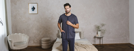 Ricardo Piżama Męska krótki rękaw, długie spodnie Italian Fashion - granatowy