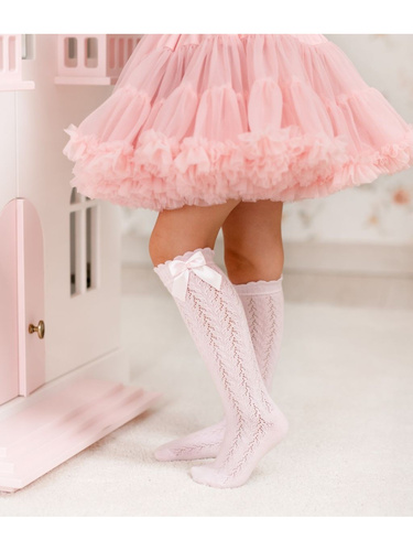 1382 Podkolanówki dziecięce ażurowe z kokardką – bawełniane Milena, Pudrowy Róż