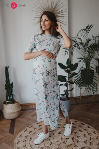 Sukienka do karmienia Two Ways LONG krótki rękaw Milk&Love miętowa w magnolie i ptaki
