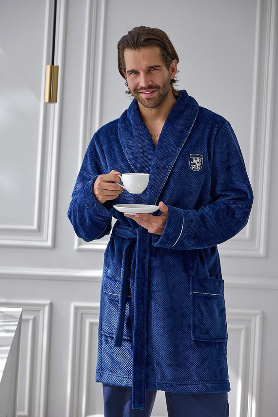 L&L Elegant 2664 Szlafrok Męski Krótki Waflowy Miękki z Kołnierzem navy