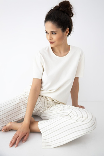 Piżama damska Soleil Sensis ecru-beż, bawełna, krótki rękaw, paski