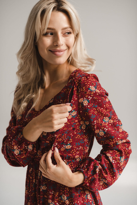Lovely Dress Midi Sukienka ciążowa i do karmienia Milk&Love – bordowa w kwiaty, długi rękaw