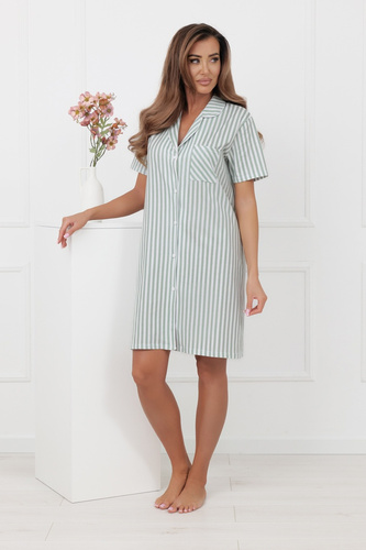 Koszula nocna Genna Italian Fashion 100% bawełna paski krótki rękaw - szałwia