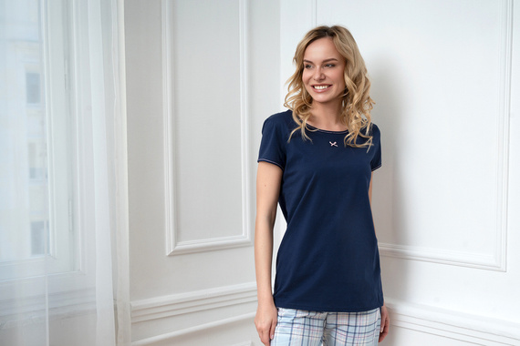 Glamour Piżama Damska krótki rękaw i długie spodnie Italian Fashion - granatowy/druk