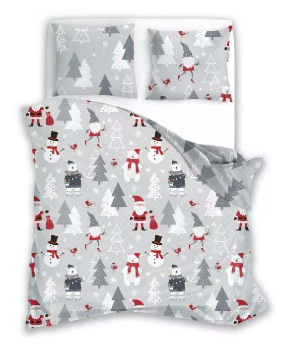 Scandic 079 Pościel świąteczna Scandic Faro szara z Mikołajami– dwustronna bawełna 100%, zamek