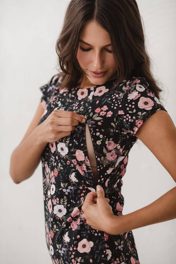 Sukienka do karmienia Milky Dress Milk&Love kwiaty na czarnym