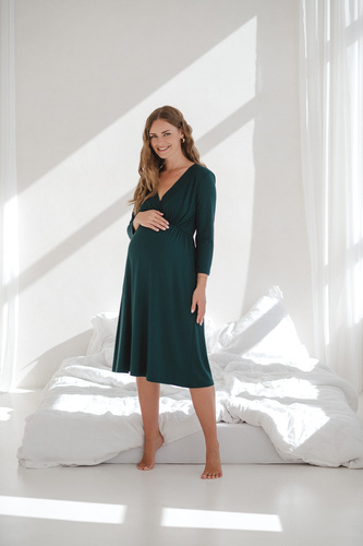 Star Light Koszula nocna ciążowa i do karmienia bambusowa 7/8 Milk&Love butelkowa zieleń– oddychająca, do szpitala, wygodne karmienie piersią