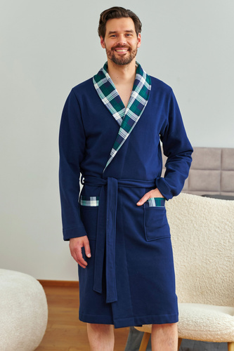 7366 Doctor Nap | Szlafrok męski premium granatowy z wykończeniem w kratę – 100% bawełna - navy blue