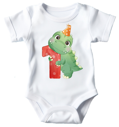 "ROCZEK dla chłopca, dinozaur jedynka" Moocha Body krótki rękaw biały 
