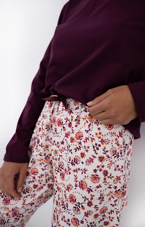 Heidi Piżama damska Sensis – 100% bawełna, koszulka burgund, spodnie w kwiaty