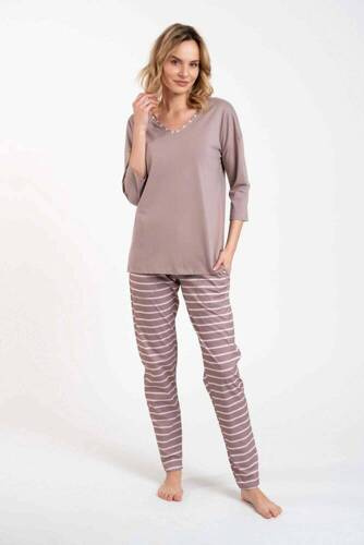 Betty Piżama Damska 3/4 rękaw, długie spodnie Italian Fashion - cappuccino/druk cappuccino