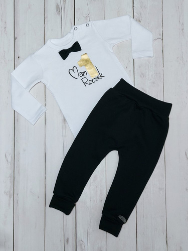 "1 Roczek" Bambarillo Body z długim rękawem- biało- złoty